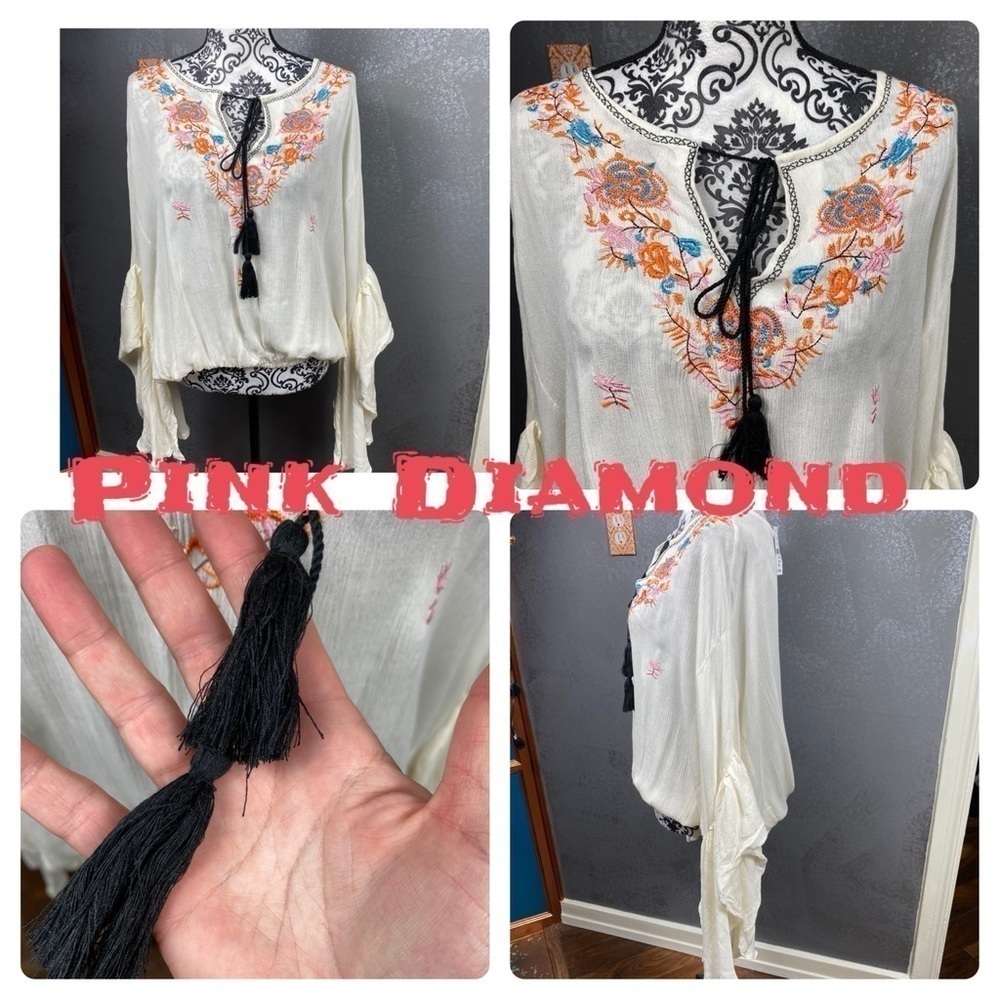 Cream floral embroidered boho bell sleeve top